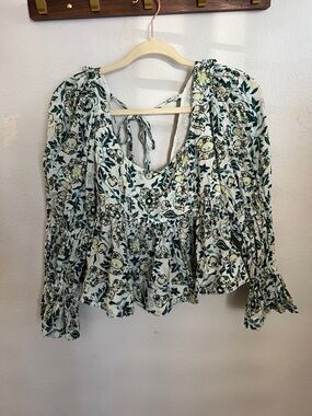 Pilcro Floral Tie-Back Peasant Blouse in White, Green and Yellow